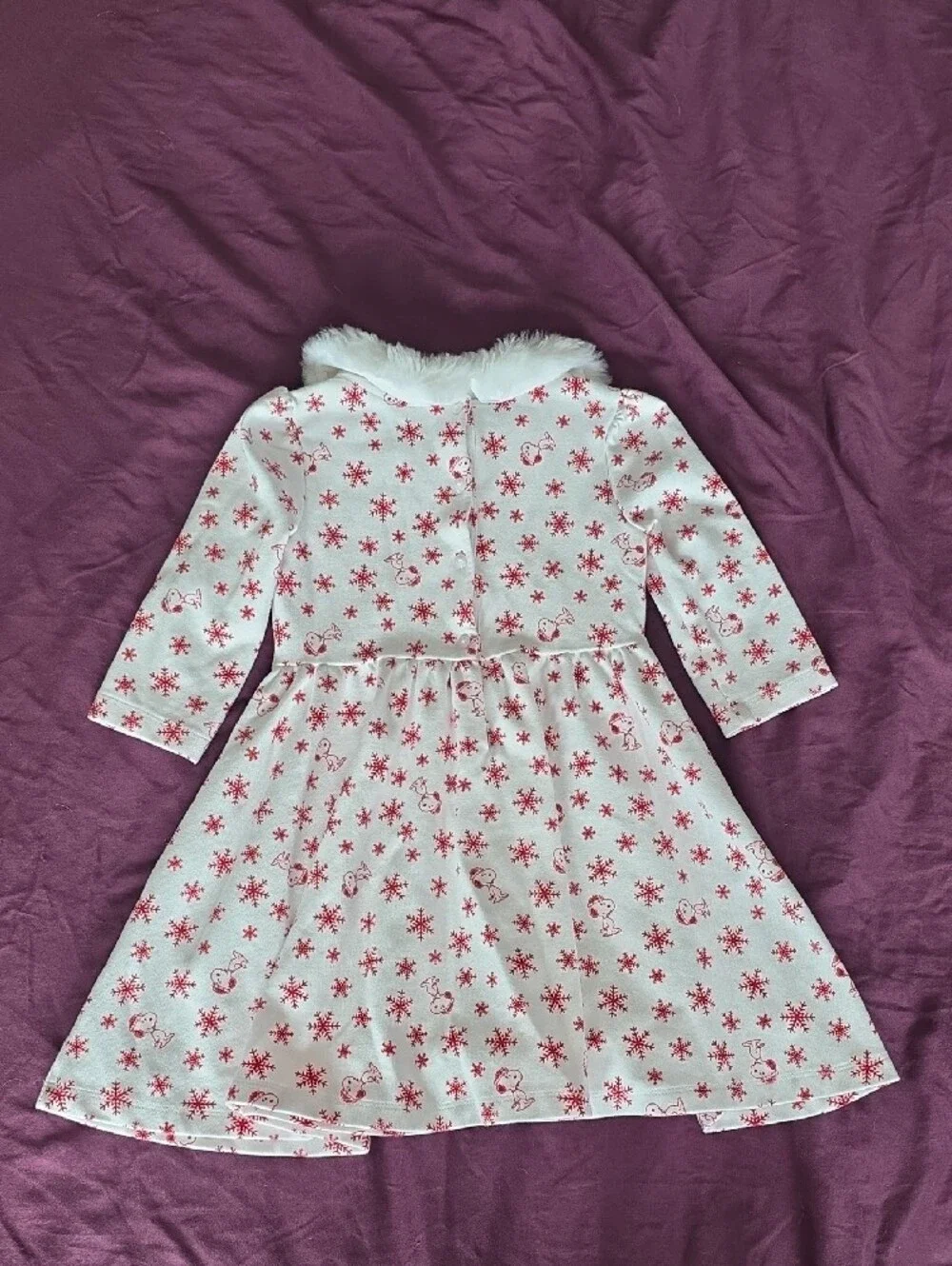 Janie & Jack Peanuts White Dress w/ Red Snowflake/Snoopy Print & Faux Fur Collar